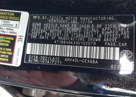 2009 Toyota Camry Hybrid z USA, uszkodzony, nr VIN 4T1BB46K49U102079